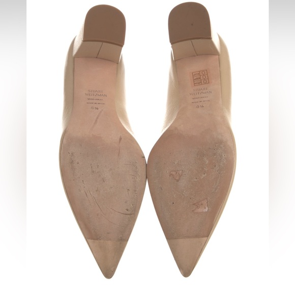 Stuart Weitzman leather neutral beige block heel pointed toe pumps - Picture 5 of 9